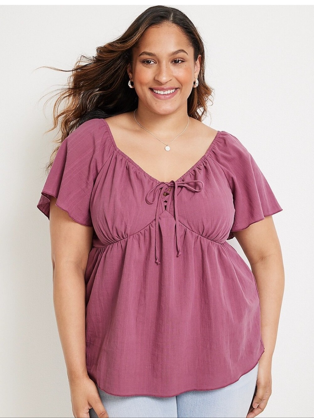 Maurices Babydoll Mauve Flutter Sleeve Tie-Front Tunic Medium